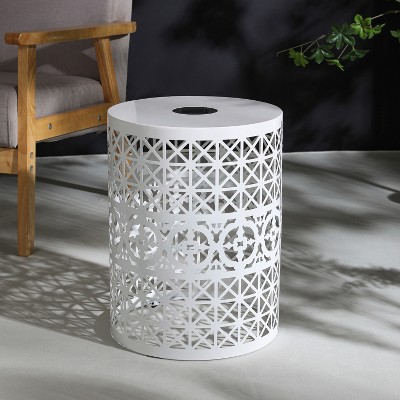 Metal Patio Accent Side Table With Built-In Solar Powered Light, Hollow-Out Design, Living Room Yard Balcony Garden Bedside Small Spaces