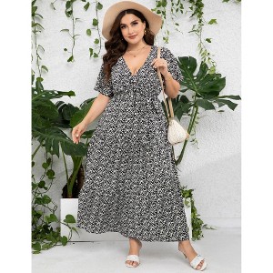 Coolmee Women Plus Size Casual Ruffle V Neck Short Sleeve High Waist Layered Maxi Dress With Belt - 1 of 4