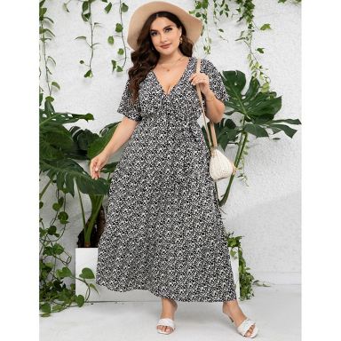 Coolmee Women Plus Size Casual Ruffle V Neck Short Sleeve High Waist Layered Maxi Dress With Belt Black Flower 4XL