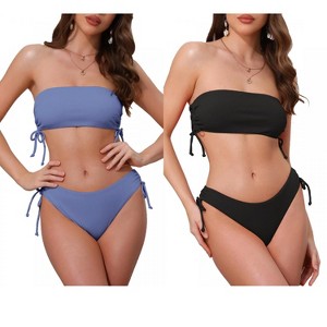 INSPIRE CHIC Women's Bandeau Drawstring Side Tie Ribbed Strapless Top Triangle Bottom Swimwear Bathing Bikini Suits 2 Sets - 1 of 4