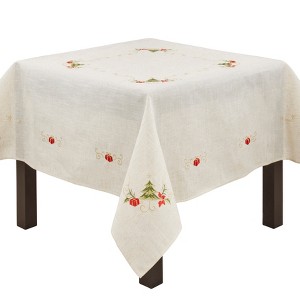 Saro Lifestyle Embroidered Christmas Tree Design Holiday Linen Blend Tablecloth - 1 of 4