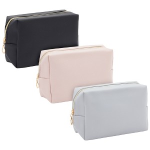Glamlily 3 Pack Faux Leather Makeup Bag with Zipper, Travel Cosmetic Bags, 3 Neutral Colors - 1 of 4