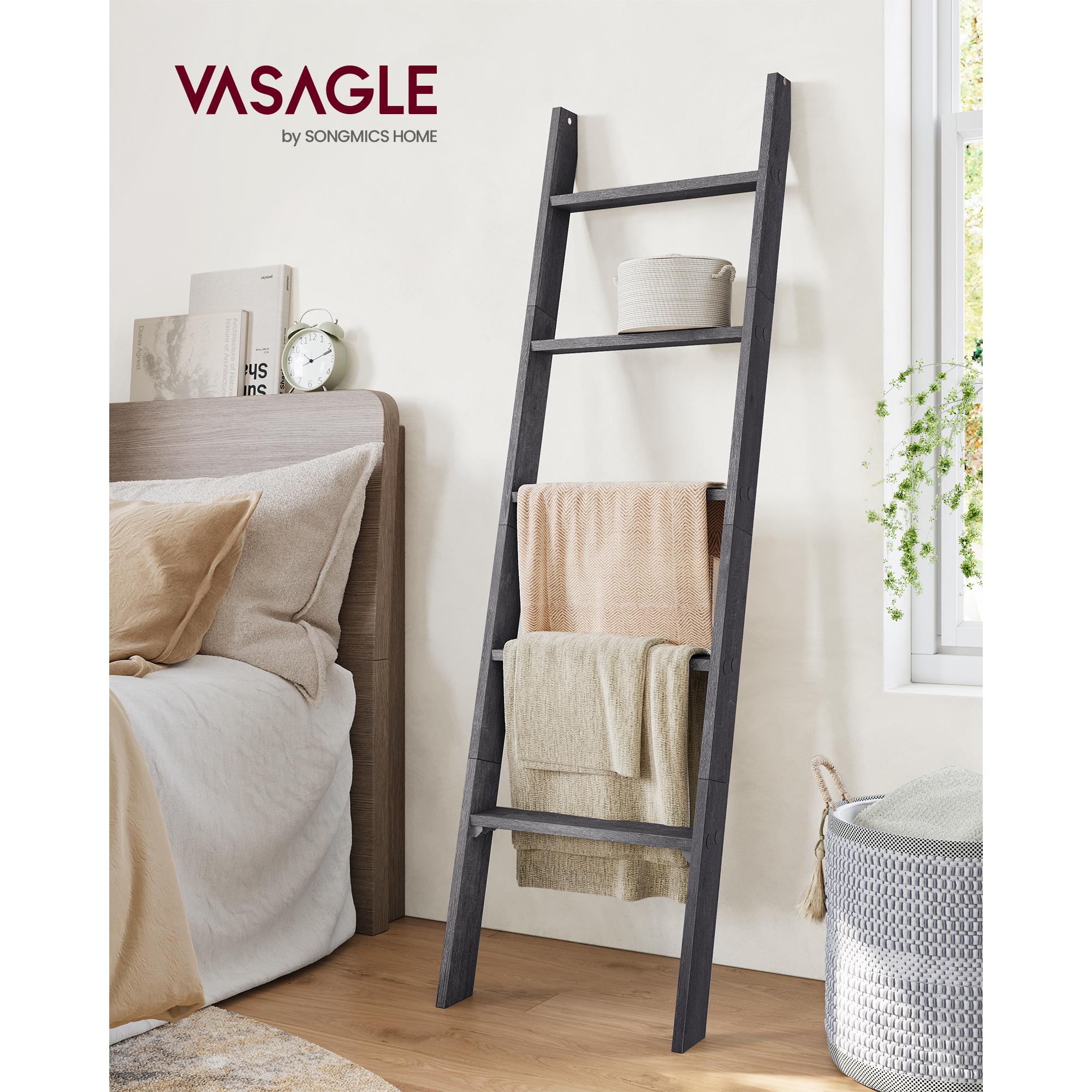 5-Tier Farmhouse Blanket Ladder Shelf - Rustic Wooden Storage Rack for Home Decor, Misty Gray