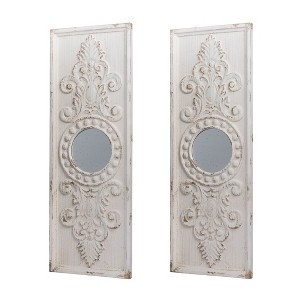 Fisfet Set of 2 Large Wooden Wall Art Panels with Distressed White Finish and Round Mirror Accents,17" x 48" - 1 of 4