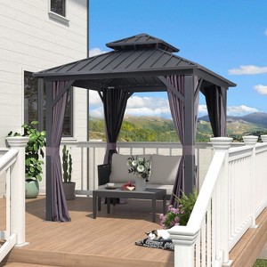 PURPLE LEAF Permanent Hardtop Gazebo Aluminum Frame Gazebo with Galvanized Steel Double Roof, UV-Resistant, Netting & Curtains included - Grey - 1 of 4