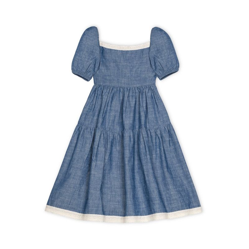 Hope & Henry Girls' Short Bubble Sleeve Crochet Trim Chambray Dress, Toddler, 1 of 11