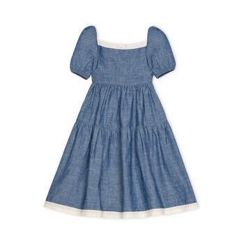 Hope & Henry Girls' Short Bubble Sleeve Crochet Trim Chambray Dress, Kids