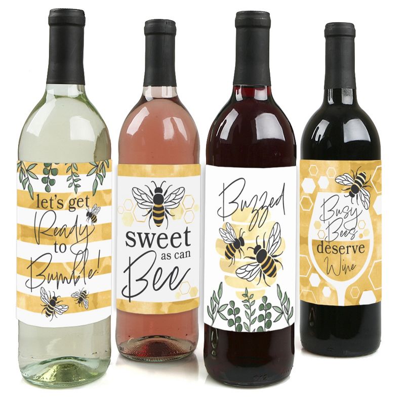 Big Dot of Happiness Little Bumblebee - Bee Baby Shower or Birthday Party Decorations for Women and Men - Wine Bottle Label Stickers - Set of 4, 1 of 9
