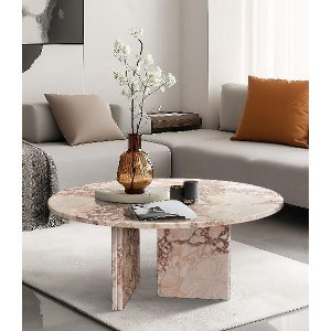 NicBex Natural Marble Small Coffee Table, Genuine Marble Round End Table, Stone Side Table for Living Room,17.7" Nightstand with Semi-Polished Surface - 1 of 4