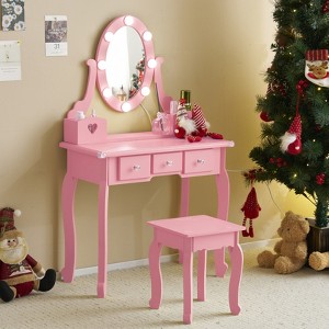 KTMBDW Kids Vanity Table and Chair Set, Girls Vanity Set with Stool and Mirror, Makeup Dressing Princess Table with 3 Drawer for Little Girls - 1 of 4