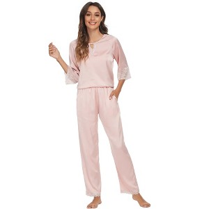 cheibear Womens Satin Sleepwear Lounge with Pants Nightwear 3/4 Sleeves Pajama Set - 1 of 4