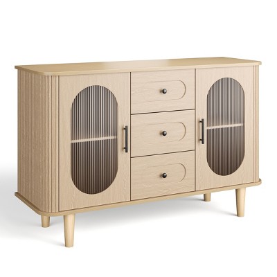 47" Sideboard Buffet Cabinet with Fluted Glass Doors & 3 Drawers, Mid-Century Credenza with Adjustable Shelves for Kitchen, Dining Room