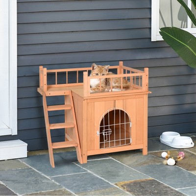 Natural Wood 2-Level Outdoor Cat House with Balcony
