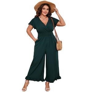 Women's Plus Size Wide Leg Floral Jumpsuits Casual Summer Short Sleeve Fashion Outfit Criss Cross Neck Smocked Waist - 1 of 4