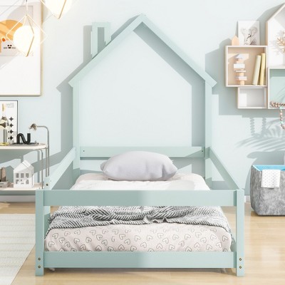 MAYEERTY Twin Wood Bed with House-shaped Headboard Floor Bed Green
