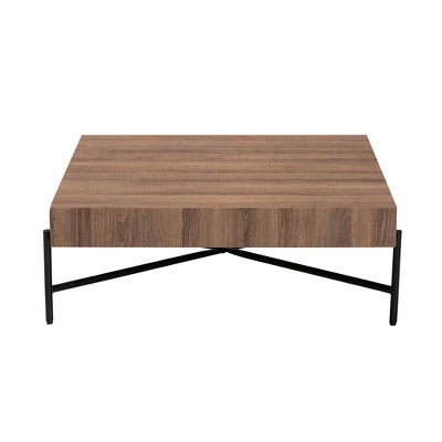 Savion Square Walnut Wood and Black Metal Coffee Table