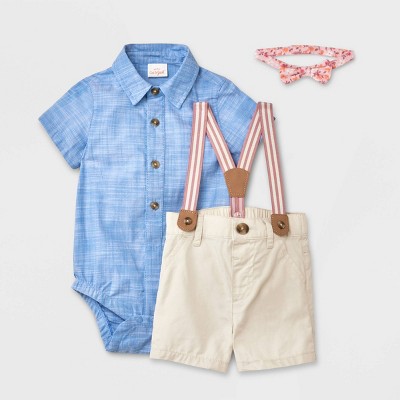 Image of Baby Boys' Chambray Denim Suspender Set - Cat & Jack™ Blue 3-6M