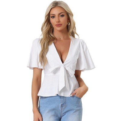 Keyhole Crop Top Woman Women's Plus Tie Front Deep V Neck Ruffle Top Short  Sleeve Peplum Blouse, White, Large : : Clothing, Shoes &  Accessories