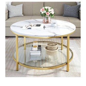 2 Tier Round Coffee Table Faux Marble Top With Glass Shelf Modern Center Cocktail Table For Living Room - 1 of 4