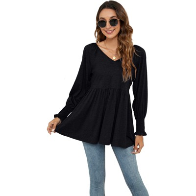 Women's Blouse V-Neck Peplum Long Sleeve Tunic Top Casual Shirt