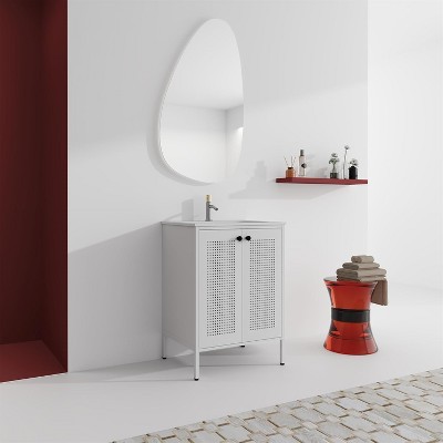 Single Sink Vanity with 2 Doors Freestanding Compact Silent Design Stainless Steel Bathroom Storage Cabinet, White
