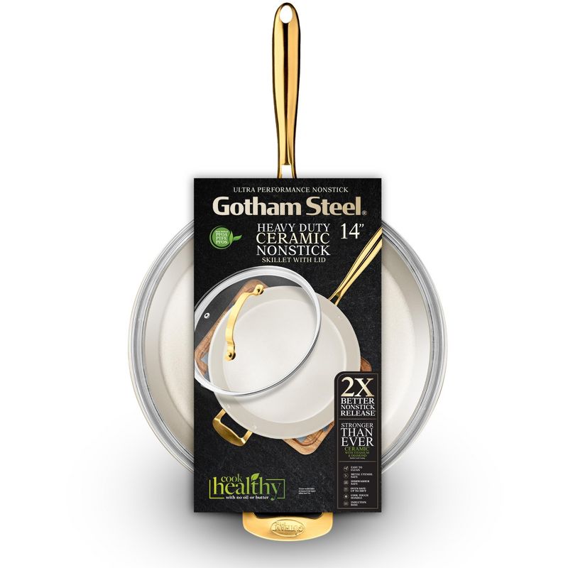 Gotham Steel Cream 14'' Ultra Nonstick Ceramic Family Pan with Lid and Gold Handles, 2 of 7