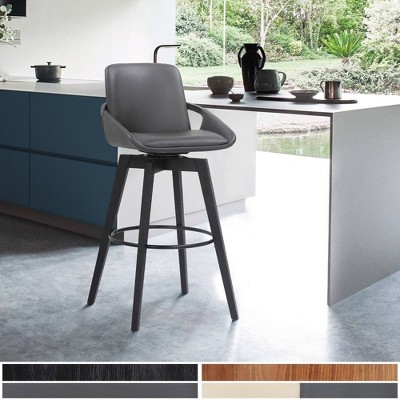 26" Gray Faux Leather and Black Wood Swivel Bar Stool