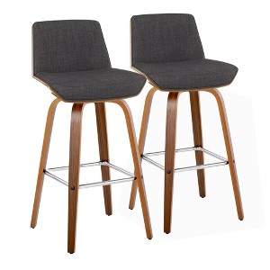 30" Fabric Padded Mid-Century Modern Barstool with Swivel and Square Metal Footrest on Wood Legs for Kitchen Island or Home Bar, Set of 2 - 1 of 4