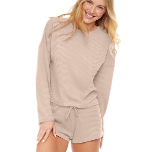 ADR Women's Pajamas Set, Soft Ribbed Knit Waffle Pajamas Lounge Set, Long Sleeve Sweater Top and Pajama Shorts Drawstring - 1 of 4