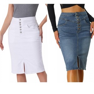 INSPIRE CHIC Women's High Waist Split Hem Casual Denim Pencil Skirt 2 Packs - 1 of 4