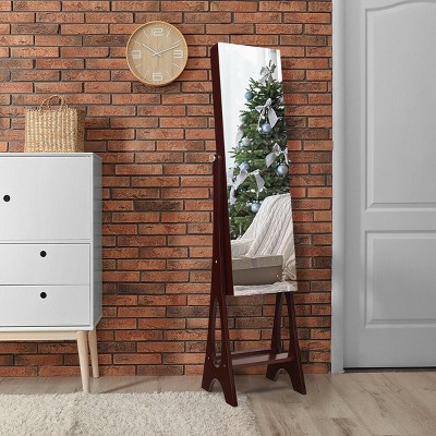 Chic Reddish Brown LED Jewelry Cabinet with Full-Size Mirror