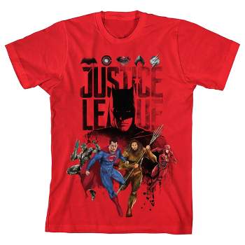 Justice League Movie Superhero Team and Logos Boy's Red T-shirt
