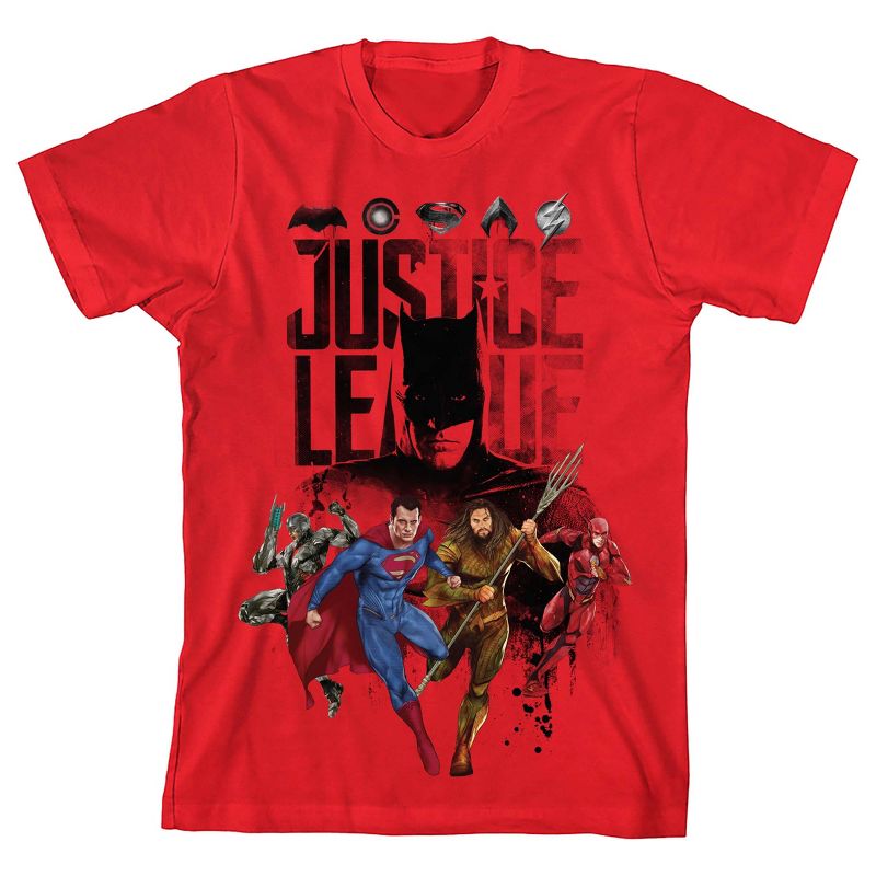 Justice League Movie Superhero Team and Logos Boy's Red T-shirt, 1 of 2