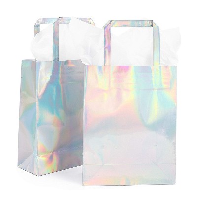 20 Packs Holographic Foil Paper Gift Bags with Handles Tissue Papers for Birthday Wedding Bridal and Baby Shower Graduation, Silver, 7 x 9 x 3 inches