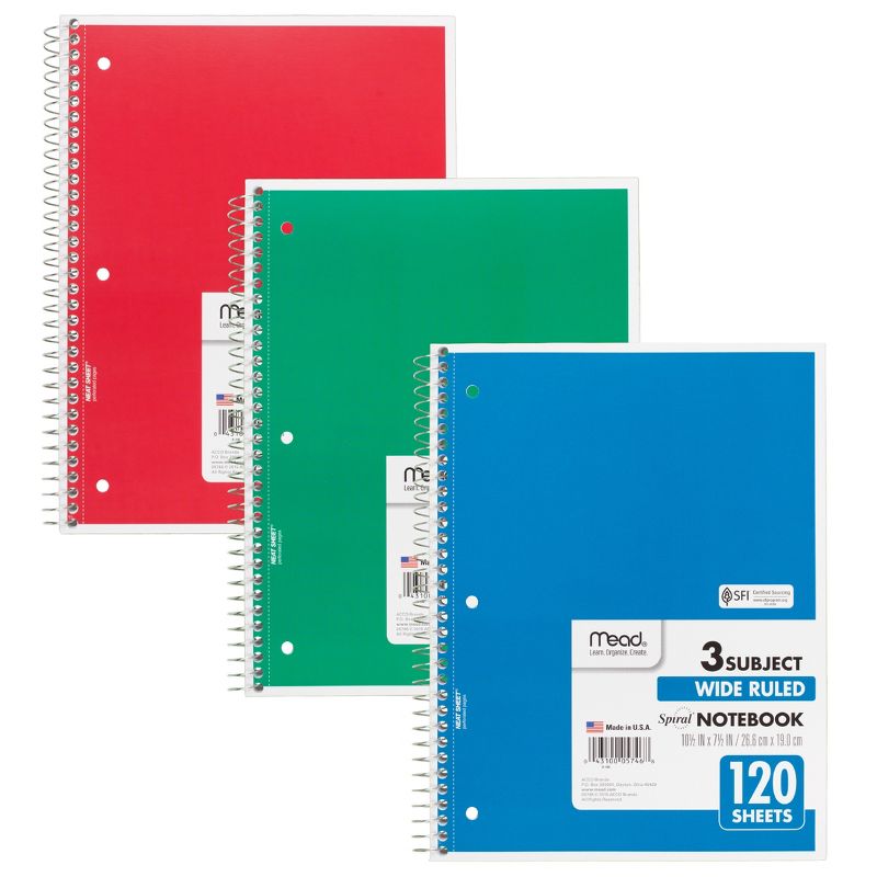 Mead® Spiral 3 Subject Notebook, Wide Ruled, 180 Sheets Per Book, Pack of 6, 2 of 3