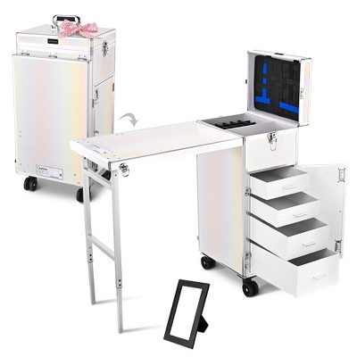 Byootique Rolling Manicure Table with 4 Storage Foldable Nail Station Desk for Beauty Salon Makeup Artist Manicurist Hairstylist