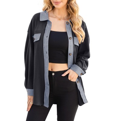 Women's Polar Fleece Shirt Jacket, Button - Down Long - Sleeve Coat with Chest Pockets, Casual Fall & Winter Outerwear