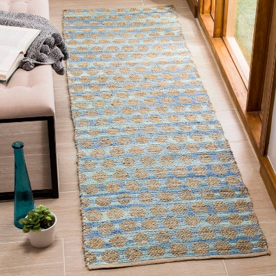 Cape Cod Blue and Natural Hand-Knotted Cotton Runner Rug