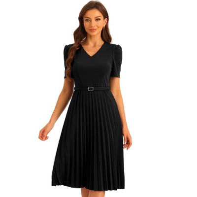Allegra K Women's V-Neck Short Sleeve Belted A-Line Work Pleated Dress