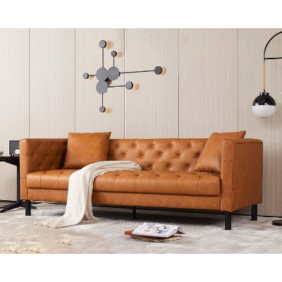 Garvee 81" Modern Chesterfield Sofa - 3-Seater Leather Couch with Deep Seats & Handmade Buttons, for Living Room, Apartment, Office, Cognac Tan