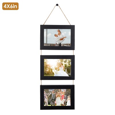 NewHome "4x6 Inch Rustic Wood Wall Hanging Picture Collage Frame, 3-Opening Photo Display for Home Decor" Black