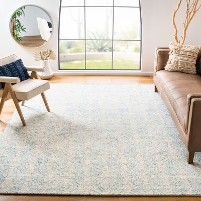 Ivory and Light Blue Round Abstract Handmade Wool Rug
