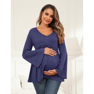 Maternity Shirts Pleated Tunic Flouncy Bell Long Sleeve Babydoll V Neck Hollow Out Tie Back Pregnancy Tops Tee - 1 of 4