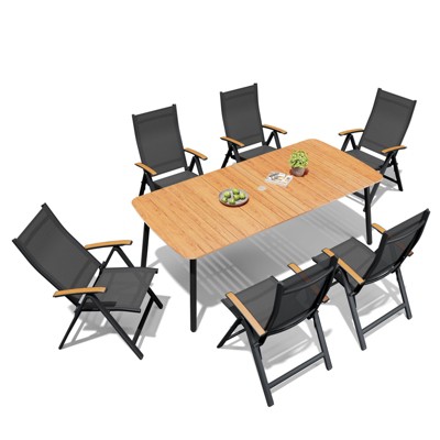 Crestlive Products 7pc Outdoor Dining set Patio Rectangle Table with Folding Chairs Aluminum Frame with Wood-Like Tabletop and Umbrella Hole