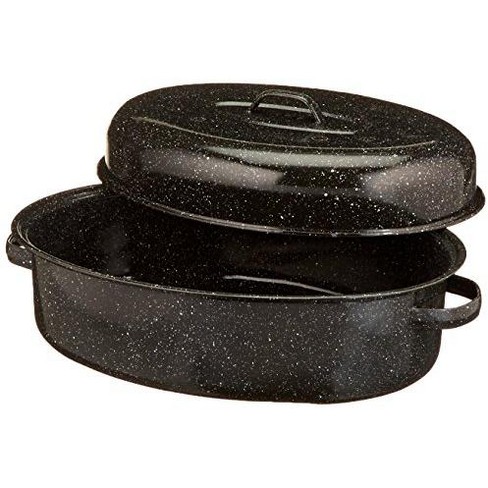 Self-Basting Roasting Pot With Lid Enamel Coated Black Tin Oval Roaster  Large