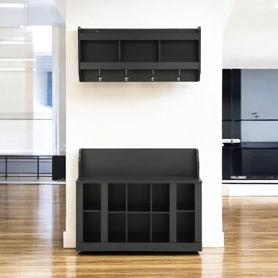Alilang 35.40 Inch Entryway Storage Bench and Wall Shelf Set with Hooks and Cubby Compartments - Black