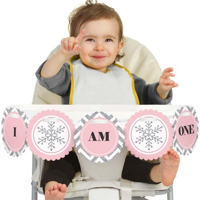 Big Dot of Happiness Pink Onederland 1st Birthday - I Am One - First Winter Wonderland Birthday High Chair Banner