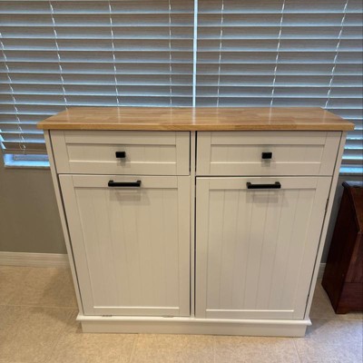 Costway Wooden Kitchen Trash Cabinet Tilt Out Bin Holder w/ Drawer