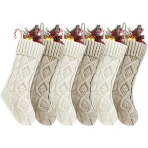 Aoibox 6 Pack 18 Inch Cable Knit Christmas Stockings Ivory White Khaki Large Holiday Decor for Fireplace Mantel Family Gift - 1 of 4
