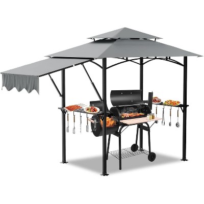 Grill Gazebo with Double Tiered Canopy Roof, Black Steel Frame Grill, Extra Shadow for Outdoor, Patio, Garden, and Backyard Activities, Grey